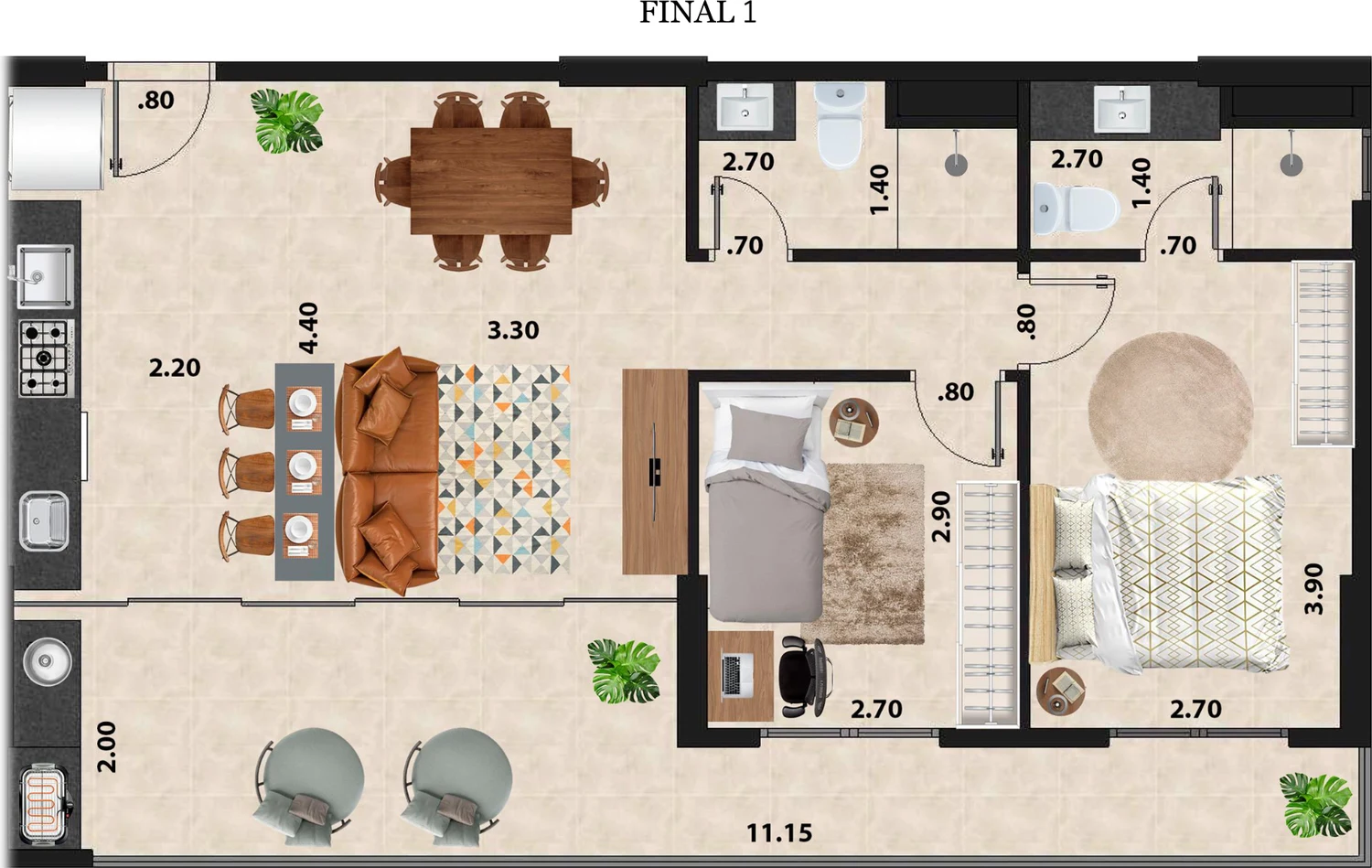 Planta humanizada — Final 1 · 2 dorms com suíte