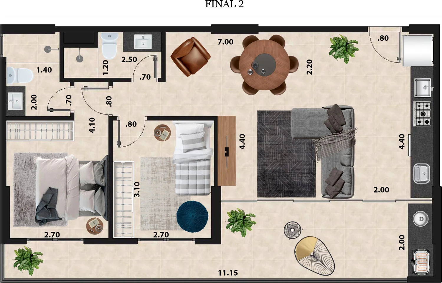Planta humanizada — Final 2 · 2 dorms com suíte