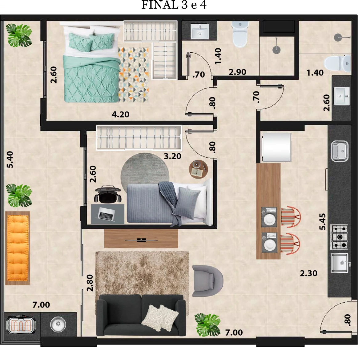 Planta humanizada — Final 3 e 4 · 2 dorms com suíte