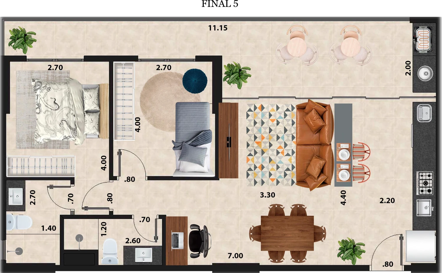 Planta humanizada — Final 5 · 2 dorms com suíte
