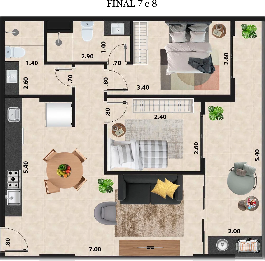 Planta humanizada — Final 7 e 8 · 2 dorms com suíte